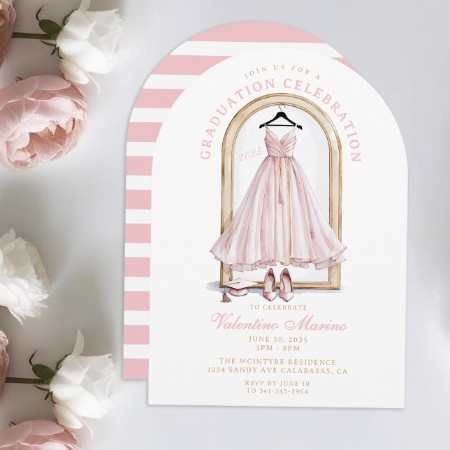 Invitation Élégante et lunatique robe rose (Elegant Pink Dress and Graduation Cap with heels. Elegant Pink Graduation Invitation)