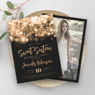 Invitation Élégante étincelle dorée Lumières Photo Sweet 16