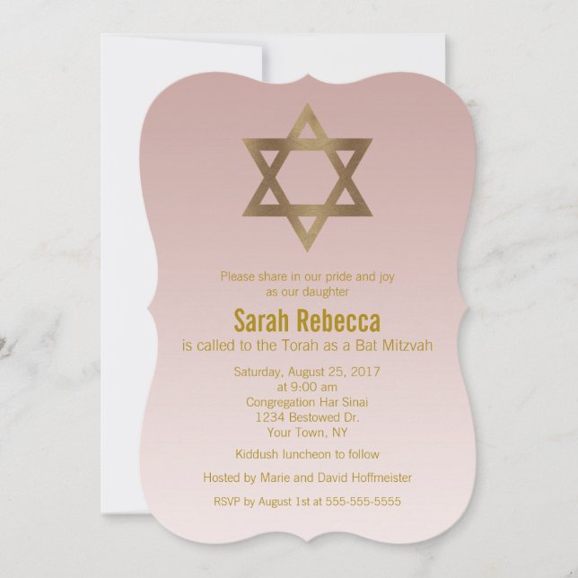 Invitation Élégante étoile d'or de David Bat mitzvah (Devant)