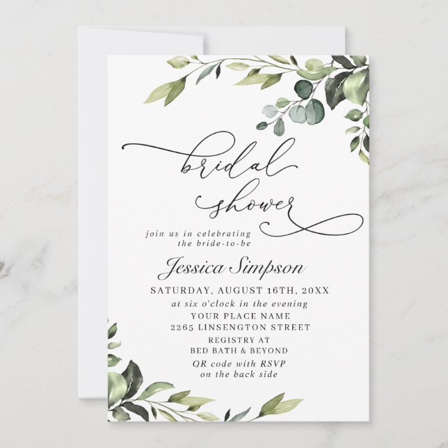 Invitation Elégante Eucalyptus Aquarelle Fête des mariées flo (Devant)