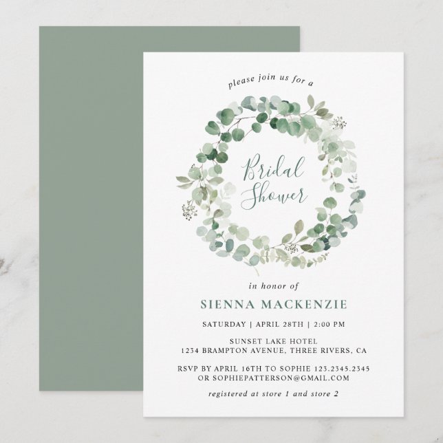 Invitation Élégante Eucalyptus Wreath Bridal Showe (Devant / Derrière)