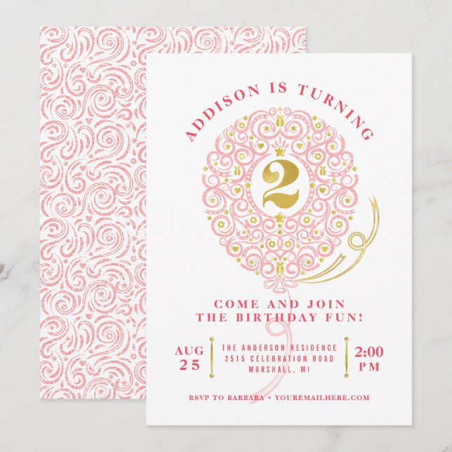 Invitation Élégante Faux Foil Lacy Balloon 2e fête d'annivers (Devant / Derrière)
