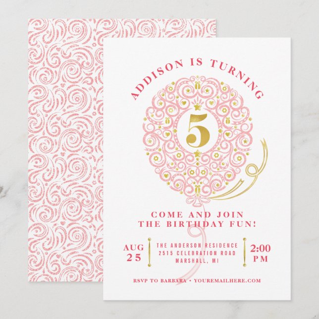 Invitation Elégante Faux Foil Lacy Balloon 5e anniversaire (Devant / Derrière)
