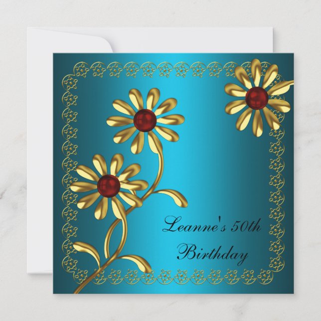 Invitation Élégante fête d'anniversaire 50e Blanc Or Turquois (Devant)