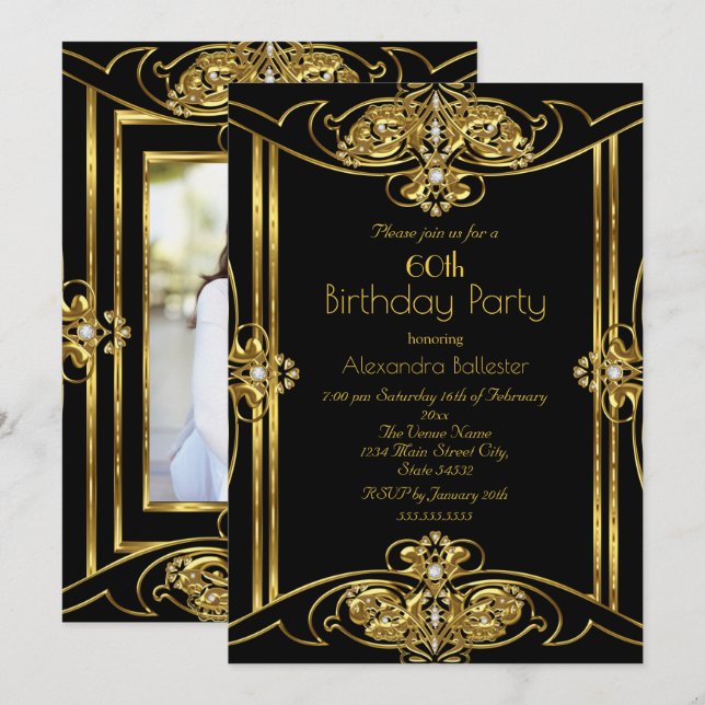 Invitation Élégante fête d'anniversaire 60e Ajouter photo Gol (Devant / Derrière)