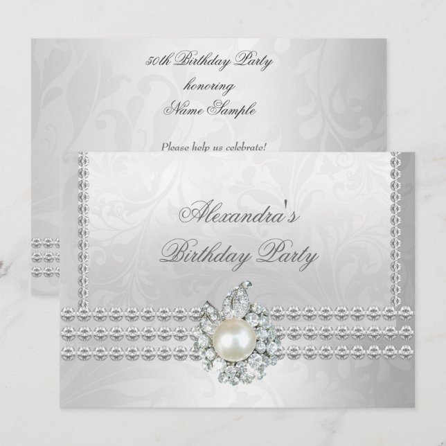 Invitation Elégante fête d'anniversaire argent blanc Diamant  (Devant / Derrière)
