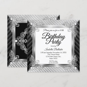 Invitation Elégante fête d'anniversaire argent Chrome noir Di