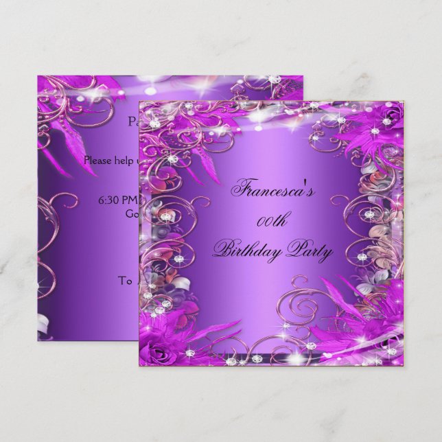 Invitation Élégante fête d'anniversaire Argent rose violet (Devant / Derrière)