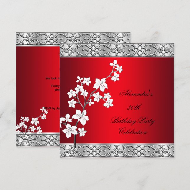 Invitation Élégante fête d'anniversaire Asiatique Rouge Flora (Devant / Derrière)