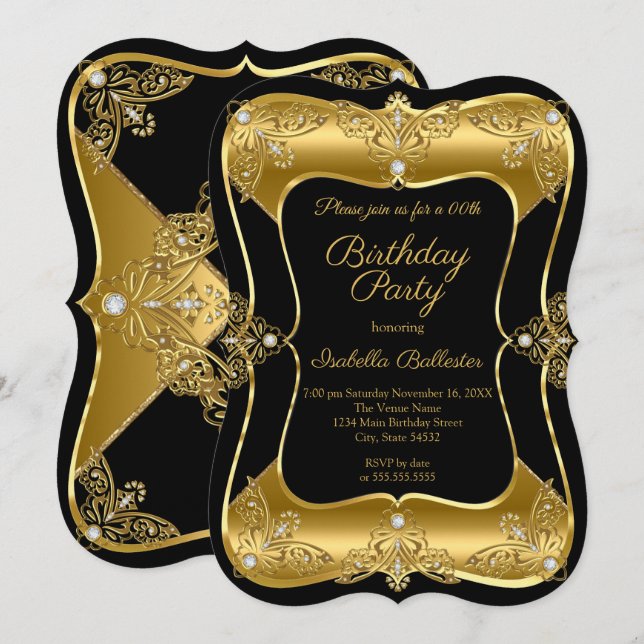Invitation Élégante fête d'anniversaire Black Gold Elite Diam (Devant / Derrière)