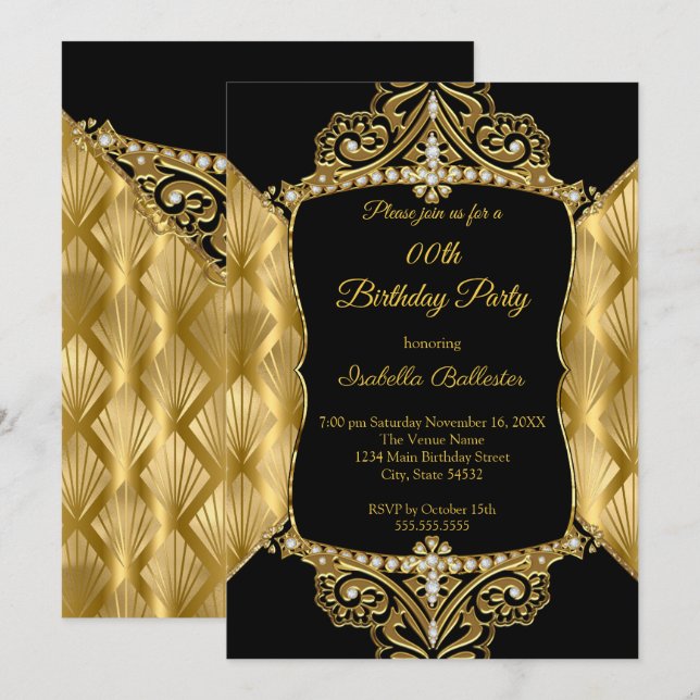 Invitation Élégante fête d'anniversaire Black Gold Faux Diamo (Devant / Derrière)
