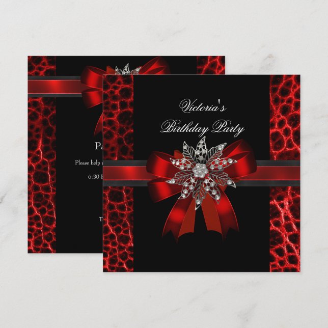 Invitation Élégante fête d'anniversaire Black Red Bow Jewel (Devant / Derrière)