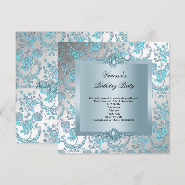 Invitation Elégante fête d'anniversaire bleu Damas Floral (Devant / Derrière)