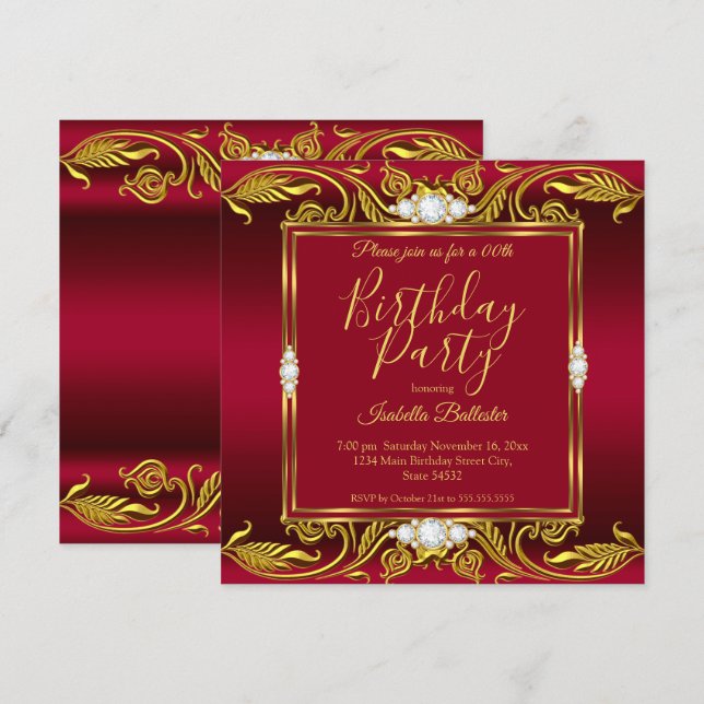 Invitation Elégante fête d'anniversaire Bourgogne Rouge Bijou (Devant / Derrière)