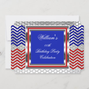 Invitation Elégante fête d'anniversaire Chevron Red Blue Silv