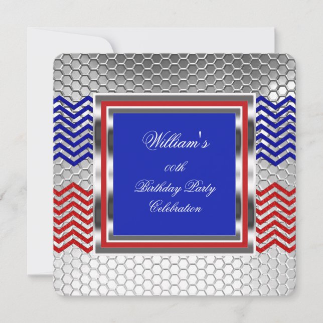 Invitation Elégante fête d'anniversaire Chevron Red Blue Silv (Devant)