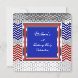Invitation Elégante fête d'anniversaire Chevron Red Blue Silv