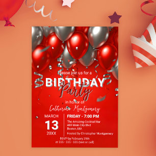 Invitation Élégante fête d'anniversaire Chic Red et Silver Ba