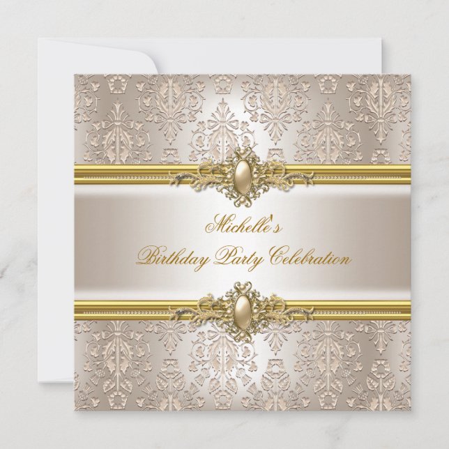 Invitation Elégante fête d'anniversaire Damask Cream Gold Pea (Devant)