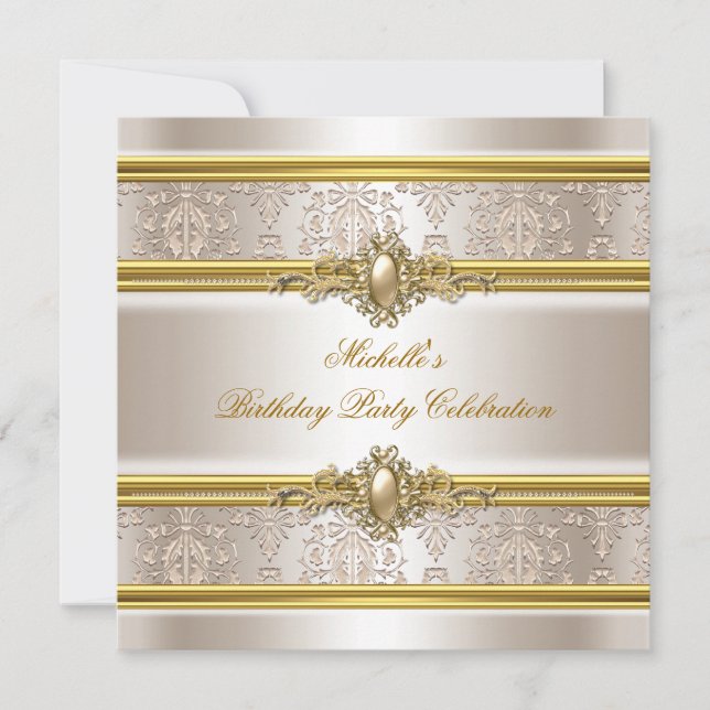 Invitation Elégante fête d'anniversaire Damask Cream Gold Pea (Devant)