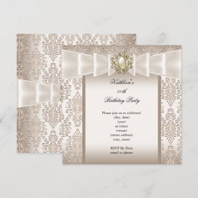 Invitation Elégante fête d'anniversaire Damask Pearl Cream (Devant / Derrière)