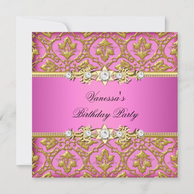 Invitation Elégante fête d'anniversaire Damask Pink Gold (Devant)