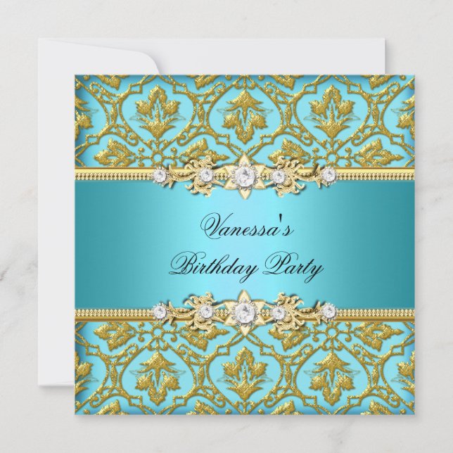 Invitation Elégante fête d'anniversaire Damask Turquoise Blue (Devant)