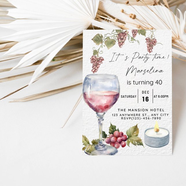 Invitation Elégante fête d'anniversaire de vin rouge pour la  (Créateur téléchargé)