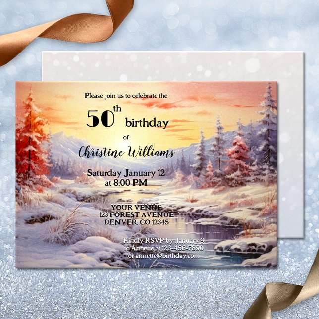 Invitation Élégante fête d'anniversaire d'hiver pour adultes (Adult birthday invitation featuring a watercolor painting of a winter wonderland at sunset)