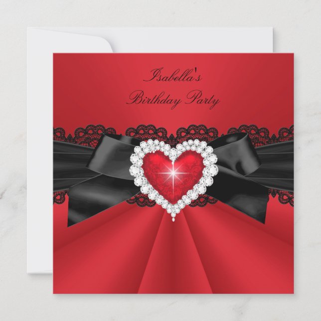 Invitation Élégante fête d'anniversaire du Coeur rouge noir (Devant)