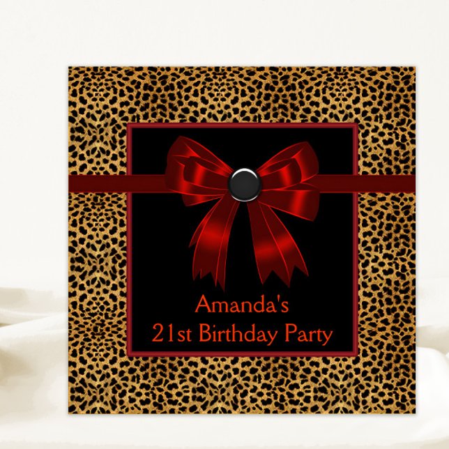 Invitation Élégante fête d'anniversaire du léopard rouge (Any number or event elegant red bow leopard invitation. Simply add your text to the front and back.)