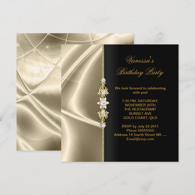 Invitation Elégante fête d'anniversaire Gold Black Cream (Devant / Derrière)