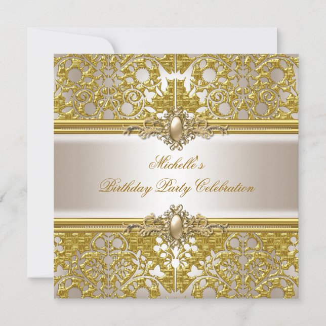 Invitation Elégante fête d'anniversaire Gold Damask Cream Gol (Devant)