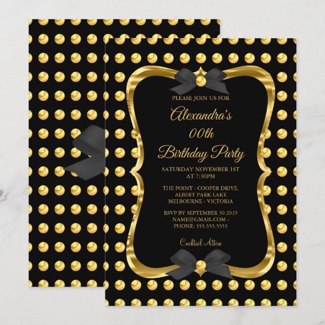 Invitation Élégante fête d'anniversaire Gold Golden Black Spo (Devant / Derrière)