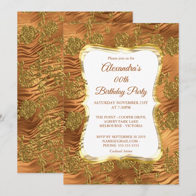 Invitation Élégante fête d'anniversaire Gold Rust Cuivre Dama (Devant / Derrière)