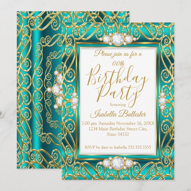 Invitation Elégante fête d'anniversaire Gold Turquoise Jade D (Devant / Derrière)