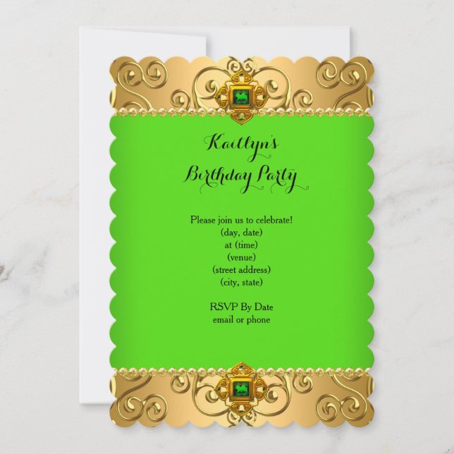 Invitation Élégante fête d'anniversaire Green Lime Damask Gol (Devant)