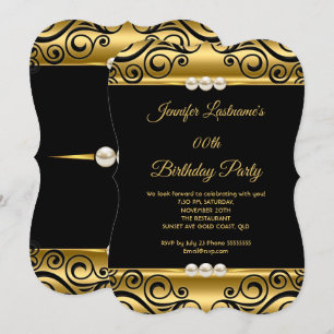 Invitation Élégante Fête d'Anniversaire Or Noir Damassé Perle