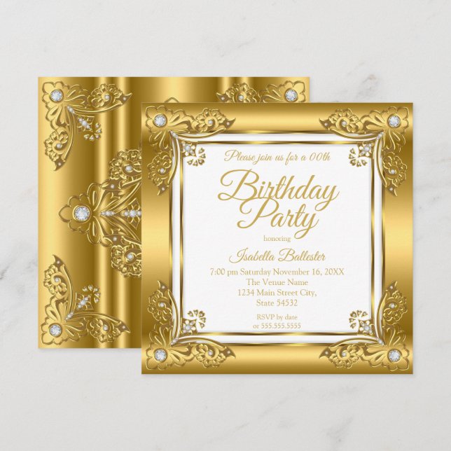 Invitation Élégante fête d'anniversaire Ornate Gold Diamond G (Devant / Derrière)