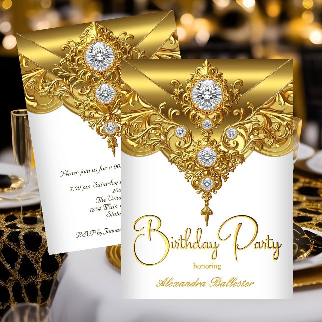 Invitation Élégante fête d'anniversaire Ornate White Gold Dia (Créateur téléchargé)