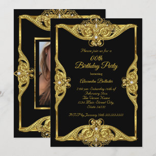 Invitation Elégante fête d'anniversaire Photo Gold Frame Blac