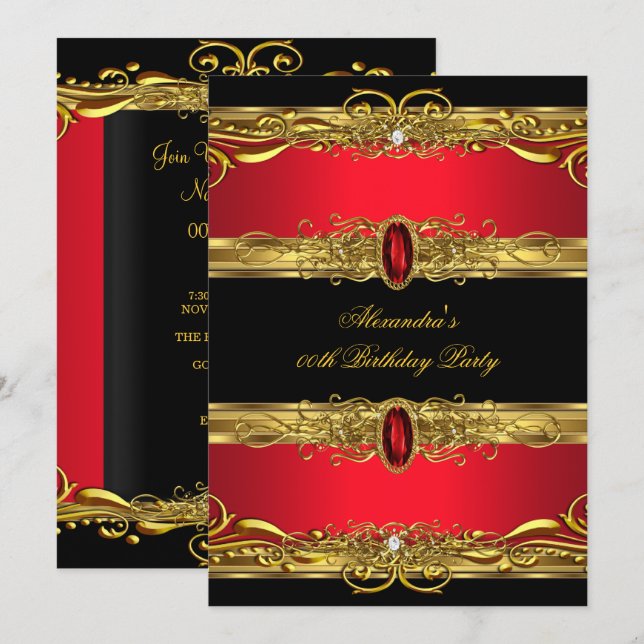 Invitation Élégante fête d'anniversaire Regal Red Black Gold (Devant / Derrière)