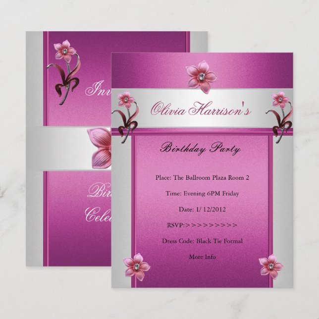 Invitation Élégante fête d'anniversaire rose blanc floral (Devant / Derrière)