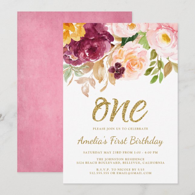 Invitation Élégante fête d'anniversaire rose et or Floral 1er (Devant / Derrière)