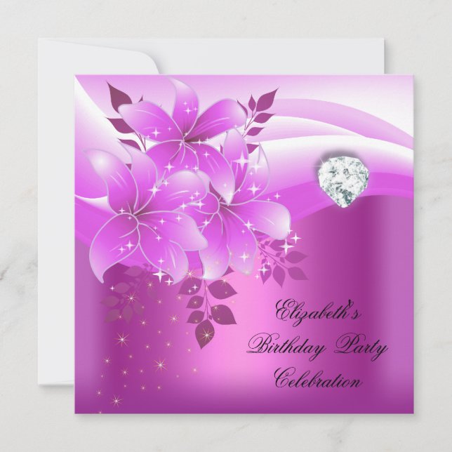 Invitation Élégante fête d'anniversaire rose floral diamant (Devant)