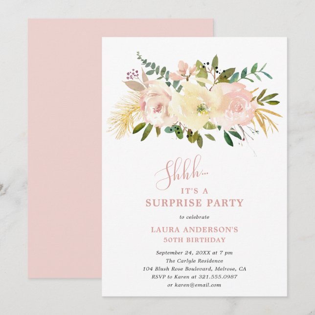 Invitation Élégante fête d'anniversaire rose rose floral supr (Devant / Derrière)