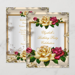 Invitation Elégante fête d'anniversaire Roses White Gold Red 