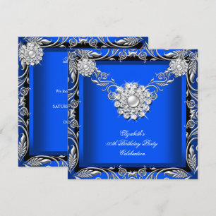Invitation Elégante fête d'anniversaire Royal Blue Black Silv