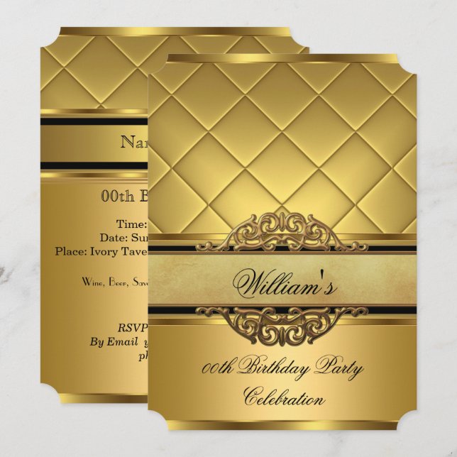 Invitation Élégante fête d'anniversaire Royal Gold (Devant / Derrière)