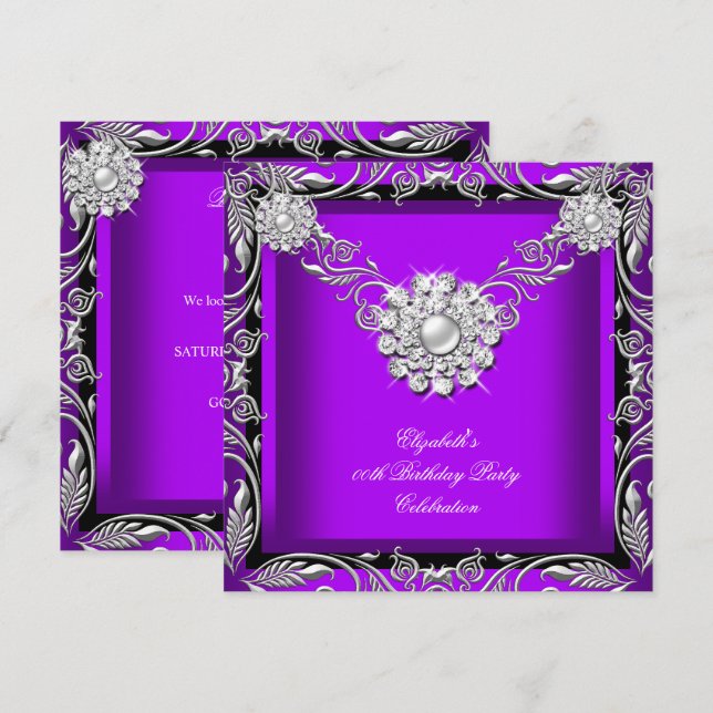 Invitation Élégante fête d'anniversaire Royal Purple Black Si (Devant / Derrière)